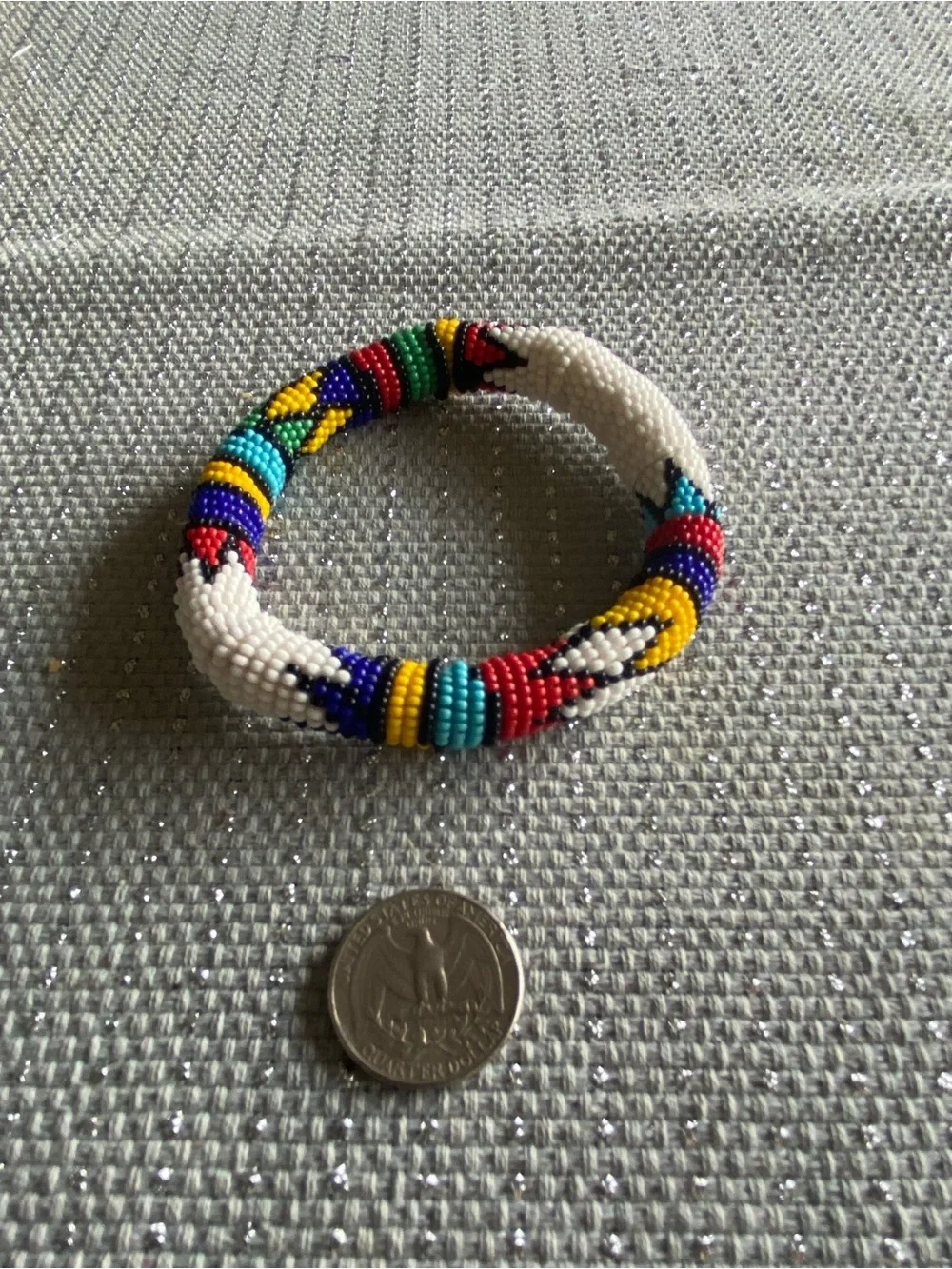 Handmade Beaded Bangle Bracelet - White with Multicolor Pattern